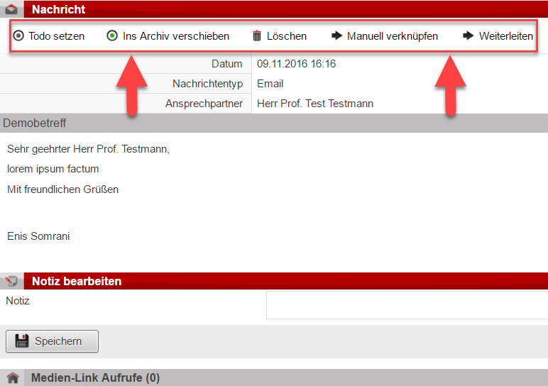 Screenshot einer im zentralen Postfach geöffneten E-Mail mit markierten Bearbeitungsoptionen