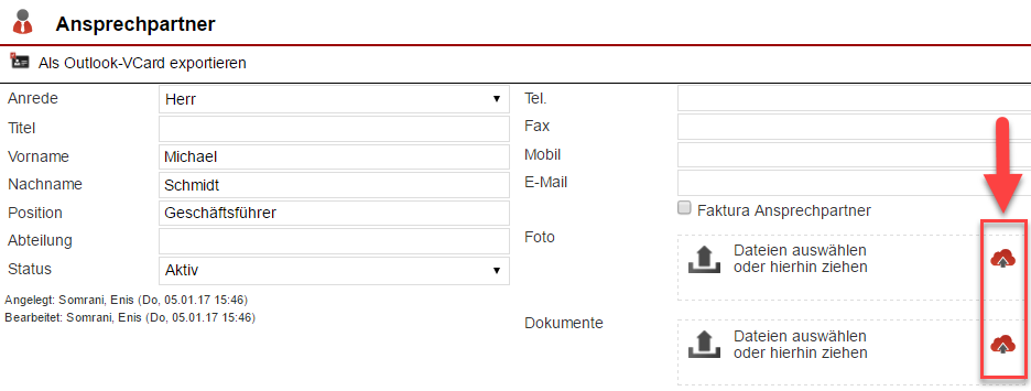 Screenshot Fenster zum Anlegen eines Ansprechpartners mit markierten FileDrive-Zugriffspunkten