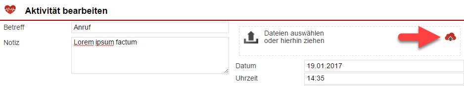 Screenshot Fenster zum Anlegen einer Aktivität mit markierten FileDrive-Zugriffspunkten