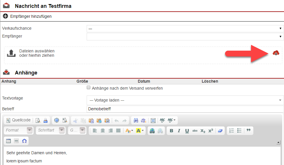 Screenshot Fenster zum Erstellen einer E-Mail mit markiertem FileDrive-Zugriffspunkt