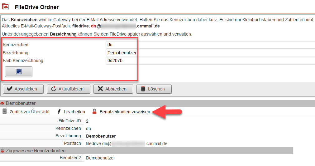 Screenshot Fenster zum Einstellen eines FileDrive-Ordners mit Markierung wichtiger Punkte