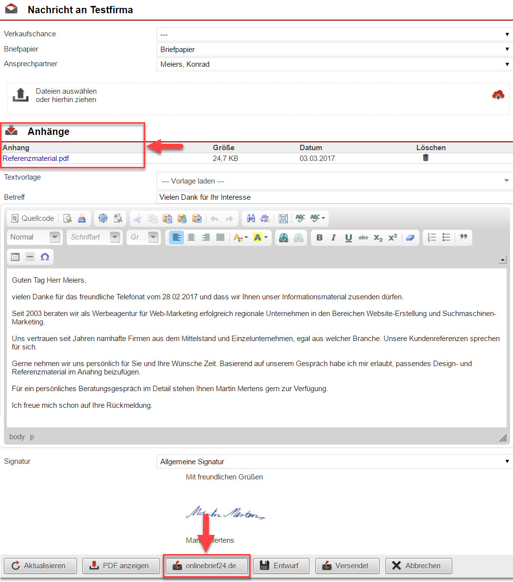 Screenshot Fenster zum Erstellen eines Briefs im AkquiseManager mit Markierungen bei den Anhängen und dem Button zum Versand über Onlinebrief24.de