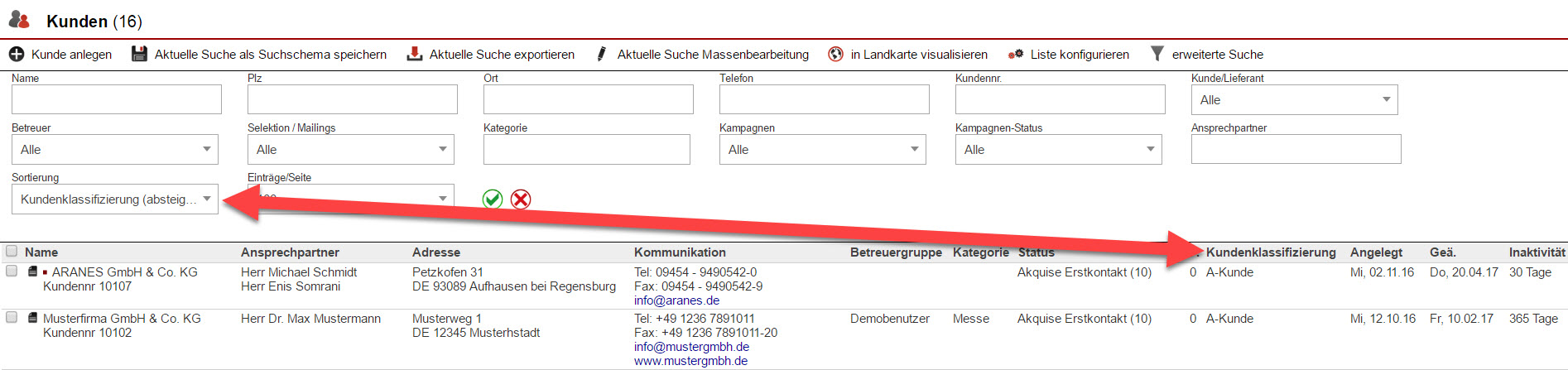 Screenshot Kundensuchmaske mit Markierung eines Sortierungskriteriums und dem aus ihm resultierenden Suchergebnisses