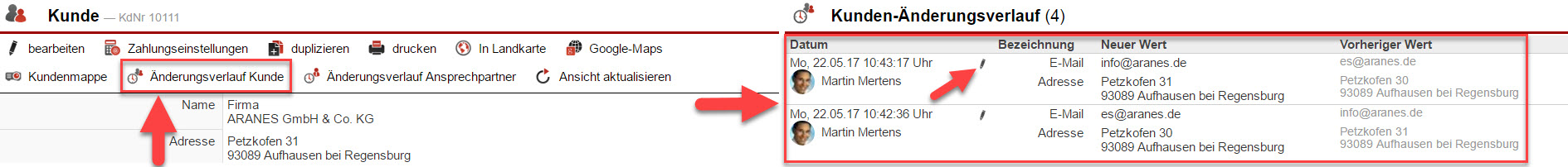 Screenshot Kundenstammdatenmaske mit Markierung auf den Button "Änderungsverlauf Kunde" und dem entsprechenden geöffneten Bereich