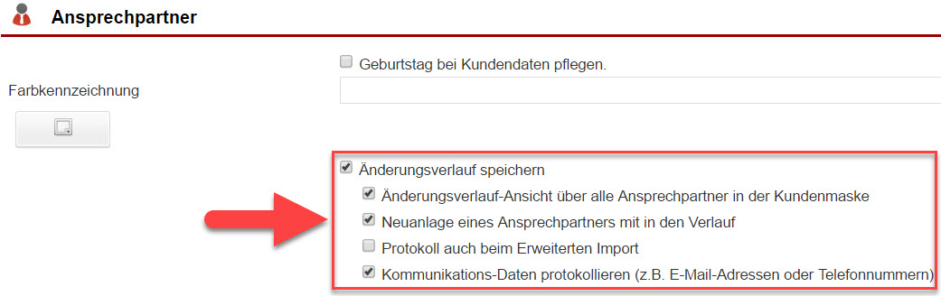 Screenshot Fenster Systemeinstellungen beim Ansprechpartner mit den markierten Optionen für die Speicherung des Änderungsverlaufs