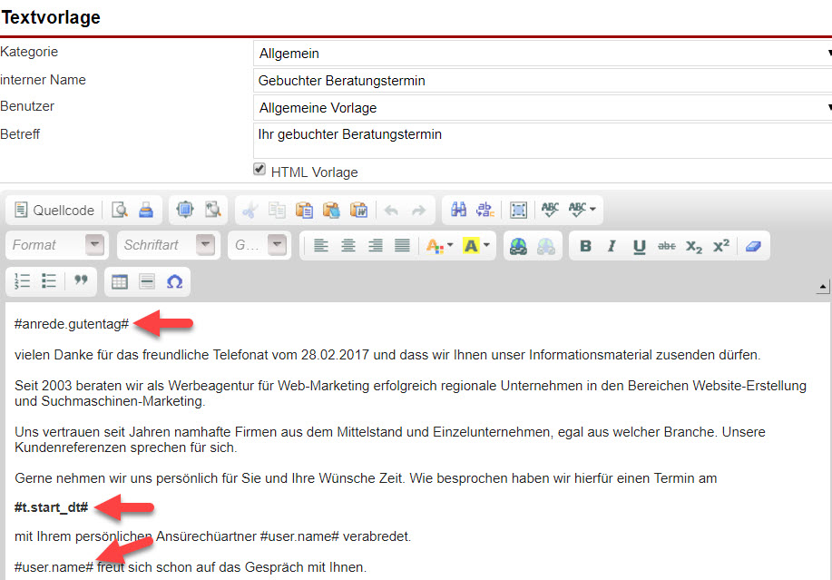 Screenshot Maske zur Bearbeitung einer Textvorlage mit Markierungen auf 3 eingesetzten Variablen