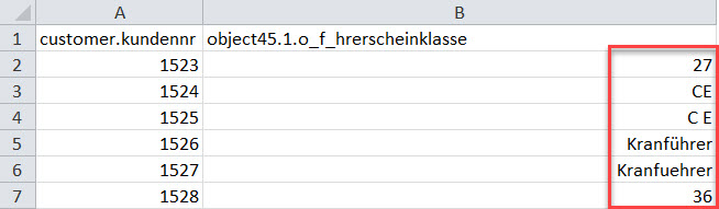 Screenshot CSV-Tabelle zum Importieren Werten in ein Objektfeld