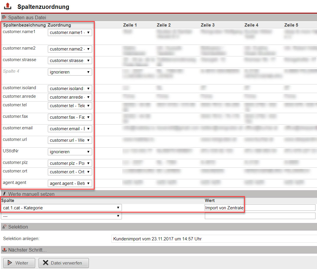 Screenshot Maske "Spaltenzuordnung" mit Markierung bei den Spaltenzuordnungen und dem Bereich zu manuellen Eingabe von Werten