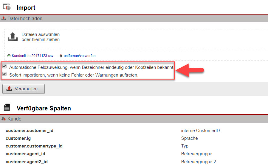 Screenshot Fenster "Import" mit Markierung zweier neuer Optionen