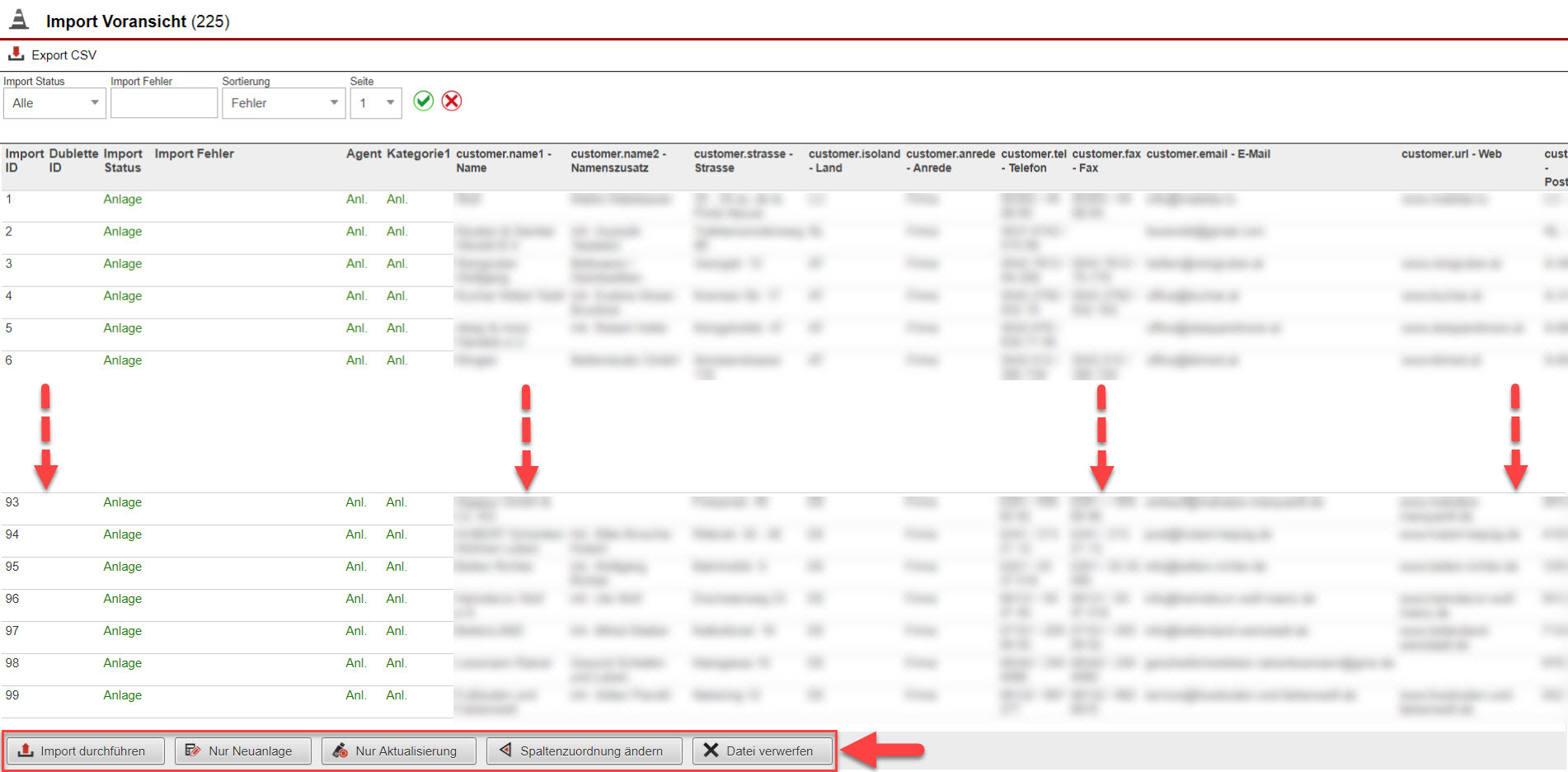 Screenshot Fenster "Import Voransicht" mit Markierung der Funktionsbuttons am Ende des Fensters