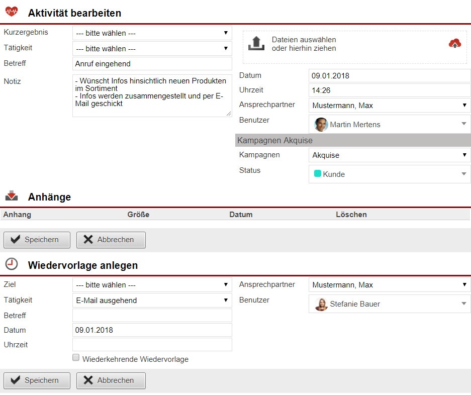 Screenshot der Maske zur Anlage einer Aktivität/Wiedervorlage