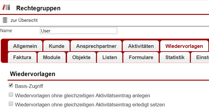 Screenshot Einstellungen Rechtegruppen Bereich Weidervorlagen