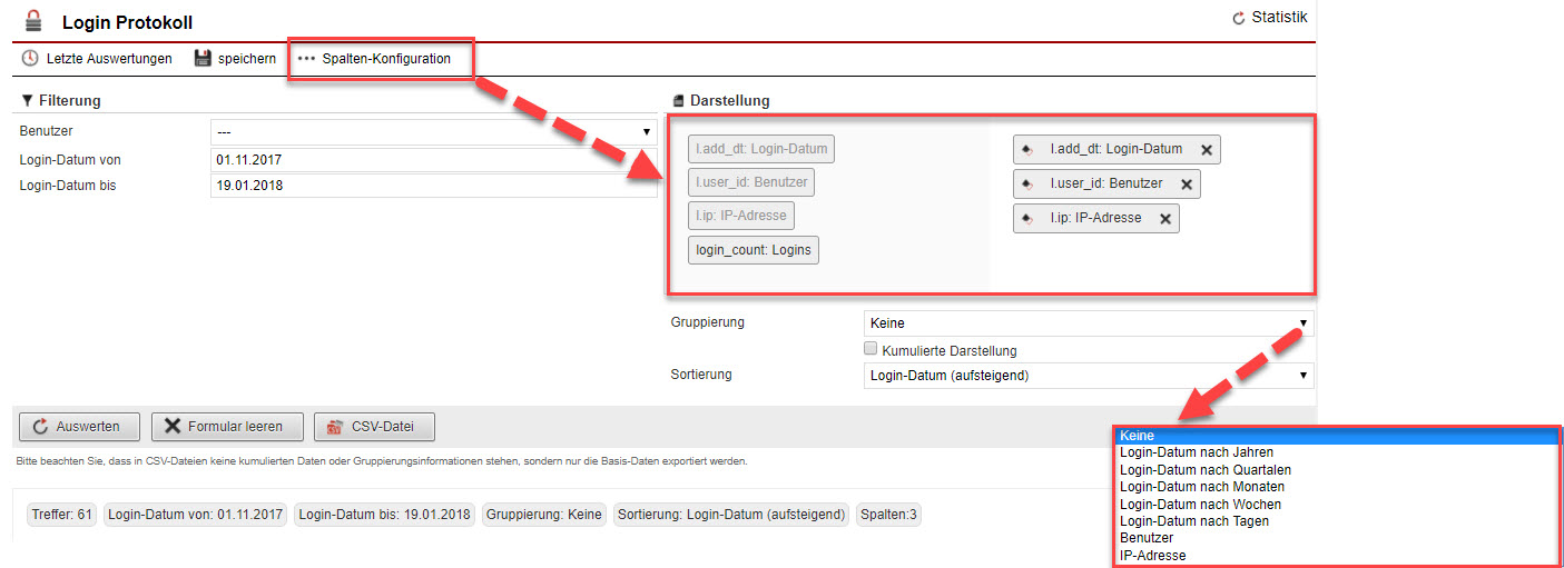 Screenshot Bereich zum Konfigurieren einer Statistik mit verschiedenen Markierungen