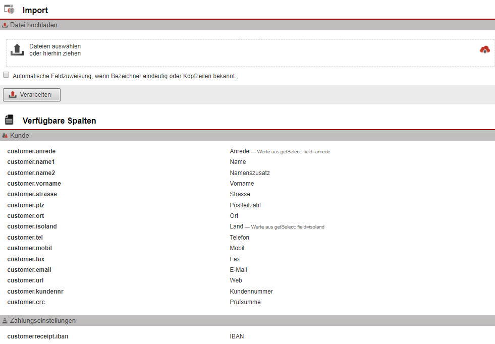 Screenshot Auflistung der Spaltenbenennungen für die Aufbereitung der Importtabelle mit den Kundennummern