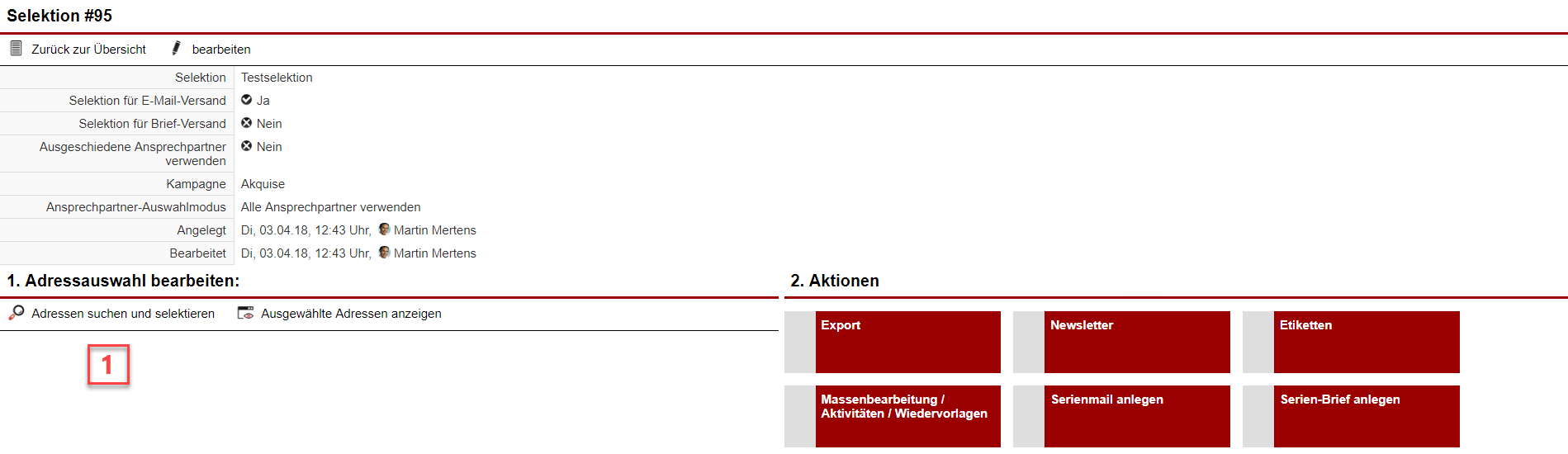 Screenshot Fenster für die Erstellung der einer Adressselektion