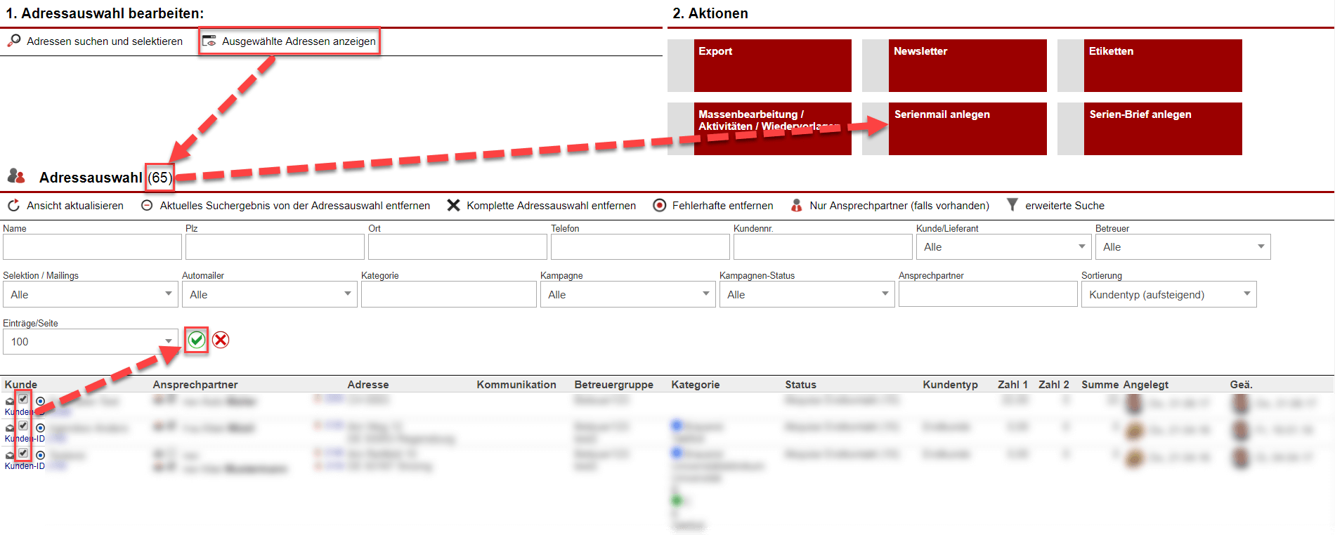 Screenshot Anzeigefenster der endgültigen Adressauswahl mit verschiedenen Markierungen