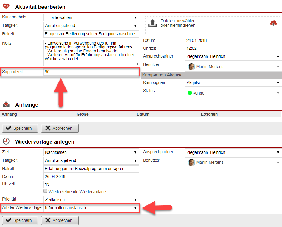 Screenshot des Eingabebereichs für Aktivitäten und Wiedervorlagen mit Markierungen bei Zusatzfeldern