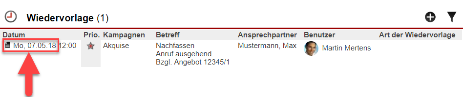 Screenshot einer angelegten Wiedervorlage mit Markierung des Wiedervorlagedatums