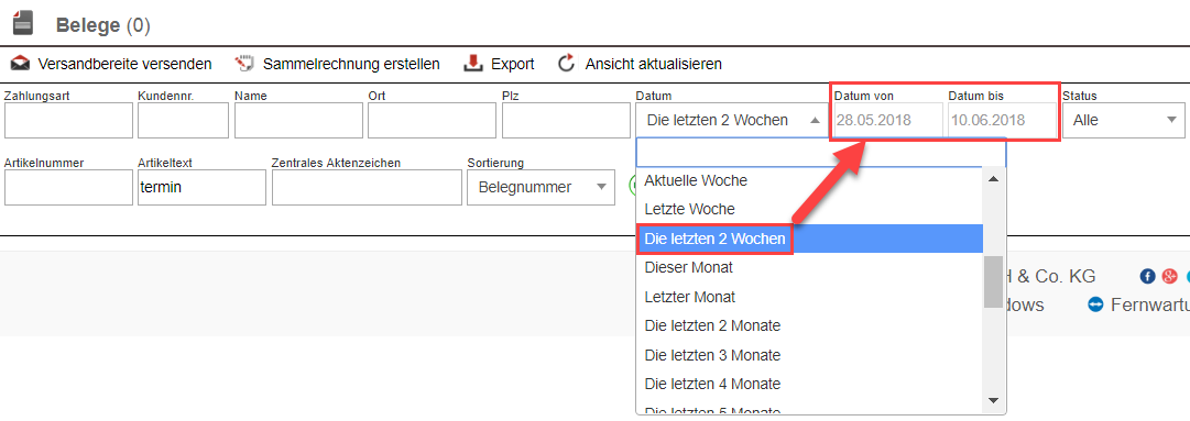 Screenshot Datumsfilter mit verschiedenen Markierungen