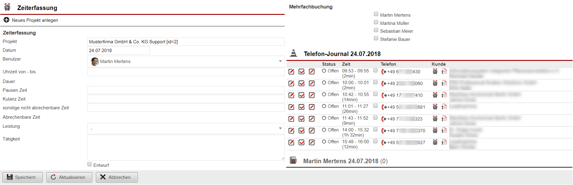 Screenshot Maske zur Zeiterfassung mit Telefon-Journal