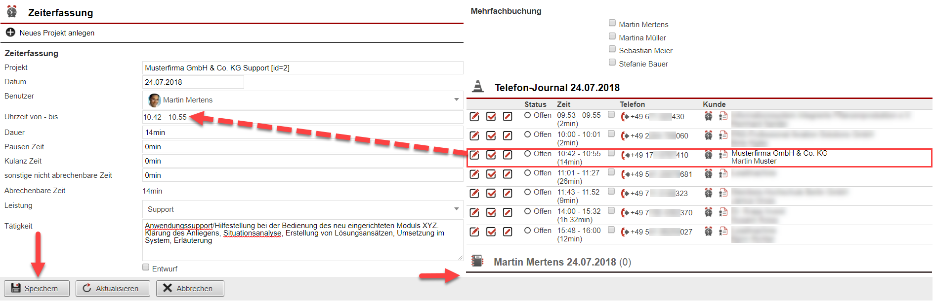 Screenshot Maske zur Zeiterfassung mit verschiedenen Markierungen