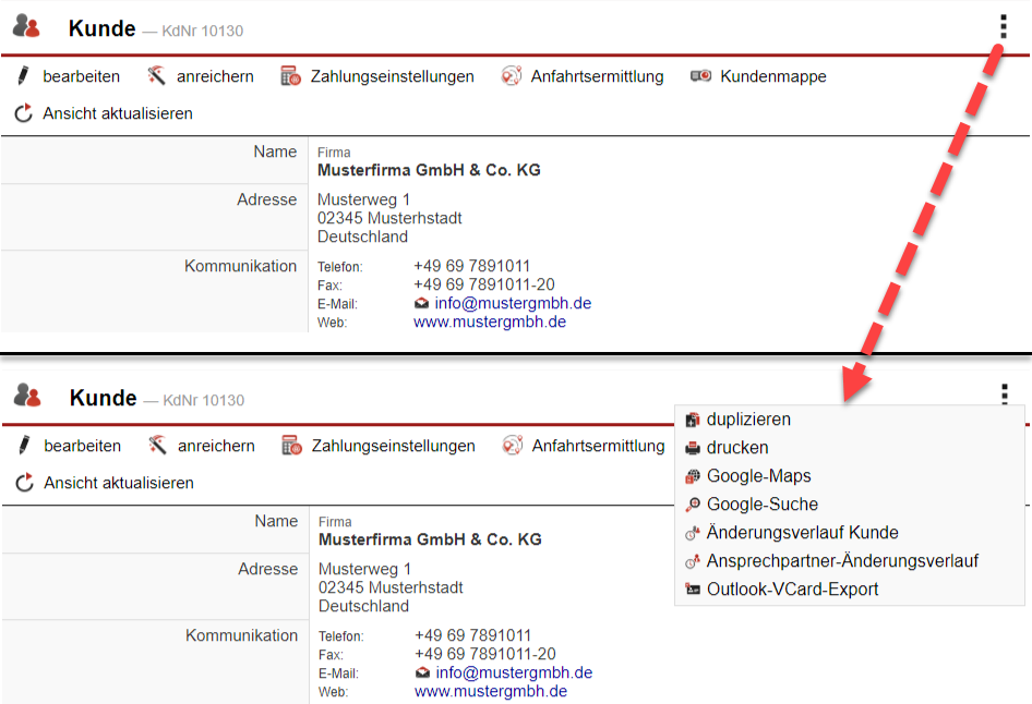 Screenshot Kundendatensatz mit Markierung des neuen "Drei-Punkte-Icons" und des ausgeklapptem Inhalt