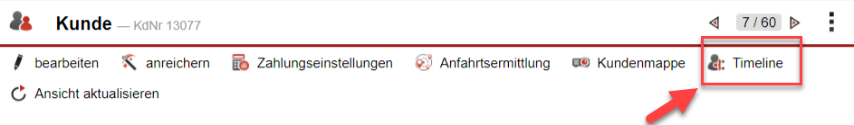Screenshot Kundenmenüleiste mit markiertem Timeline-Button