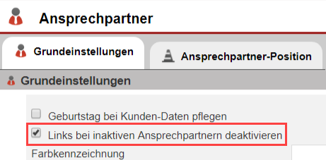 Screenshot der Ansprechpartner-Einstellungen im Reiter "Grundeinstellungen" mir Markierung