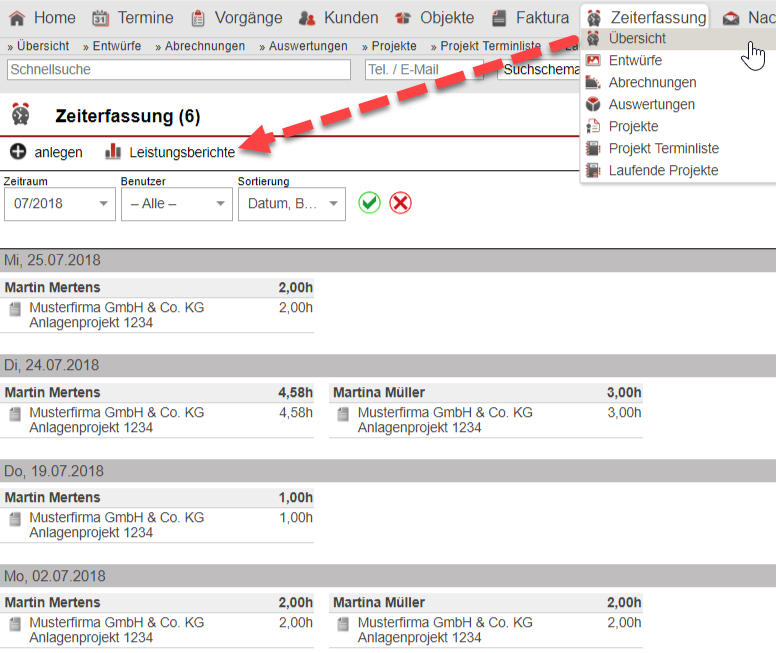 Screenshot der Übersichtsmaske der Zeiterfassungsprojekte