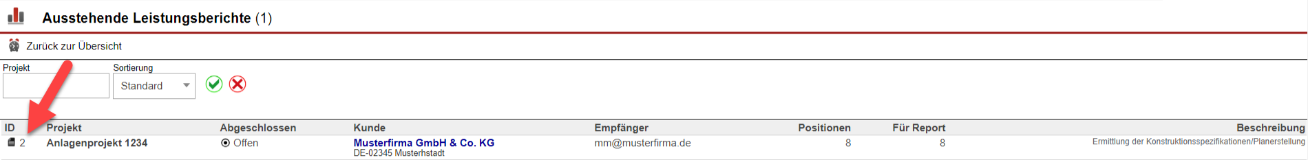 Screenshot der Übersichtsmaske mit ausstehenden Leistungsberichten