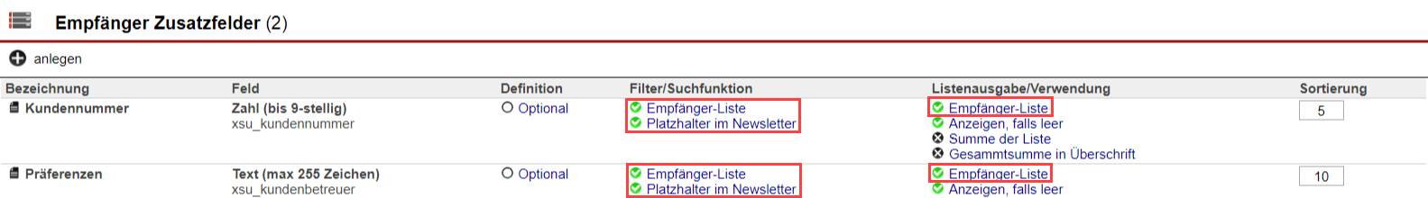 Screenshot Einstellungsbereich "Zusatzfelder" mit markierten Ausgabeoptionen eines angelegten Feldes