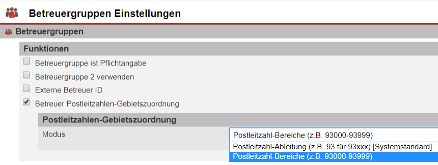 Screenshot des Bereichs "Betreuergruppen Einstellungen"