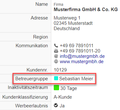 Screenshot Kundendatensatz mit Markierung der farblich gekennzeichneten Betreuergruppenanzeige