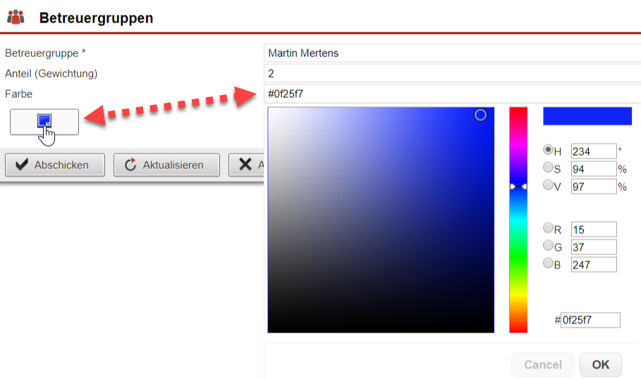 Screenshot der Einstellungsmaske einer Betreuergruppe mit markierten Einstellungsmöglichkeiten für die Farbkennzeichnung