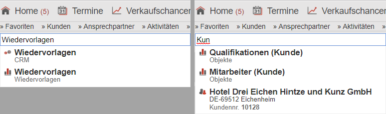 Screenshot Collage aus zwei Anfragen in der Schnellsuchzeile mit zugehörigen Treffervorschlägen