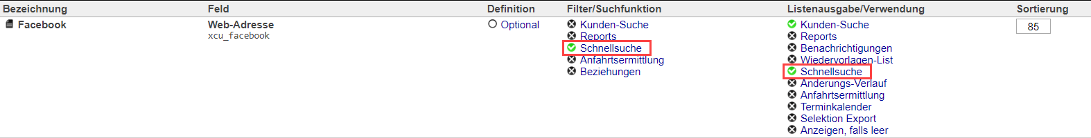 Screenshot Übersichtsmaske von angelegten Zusatzfeldern innerhalb eines bestimmten Systembereichs