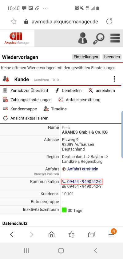 Screenshot mobile Ansicht Kundendatenblatt