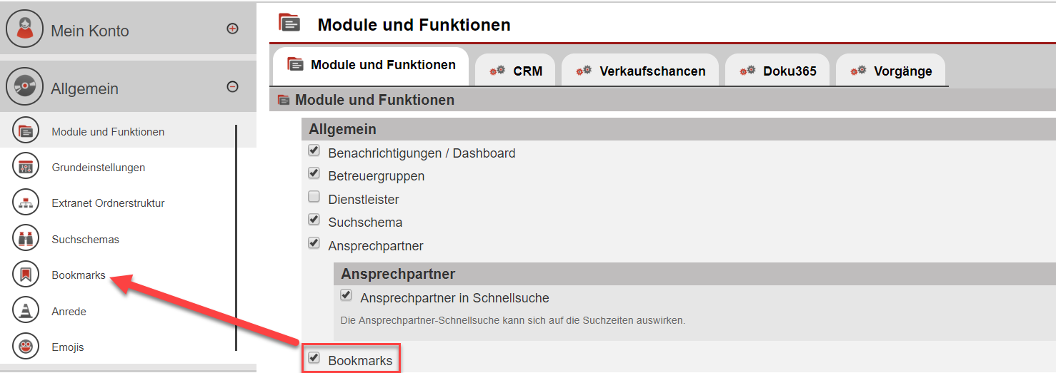 Screenshot: Aktivierung der Bookmarks