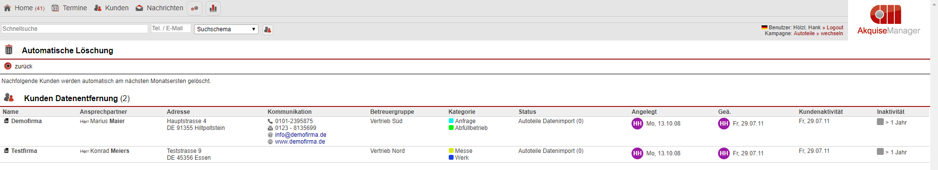 Screenshot des Bereichs zum Auswählen von automatisch zu löschenden Kundendatensätzen
