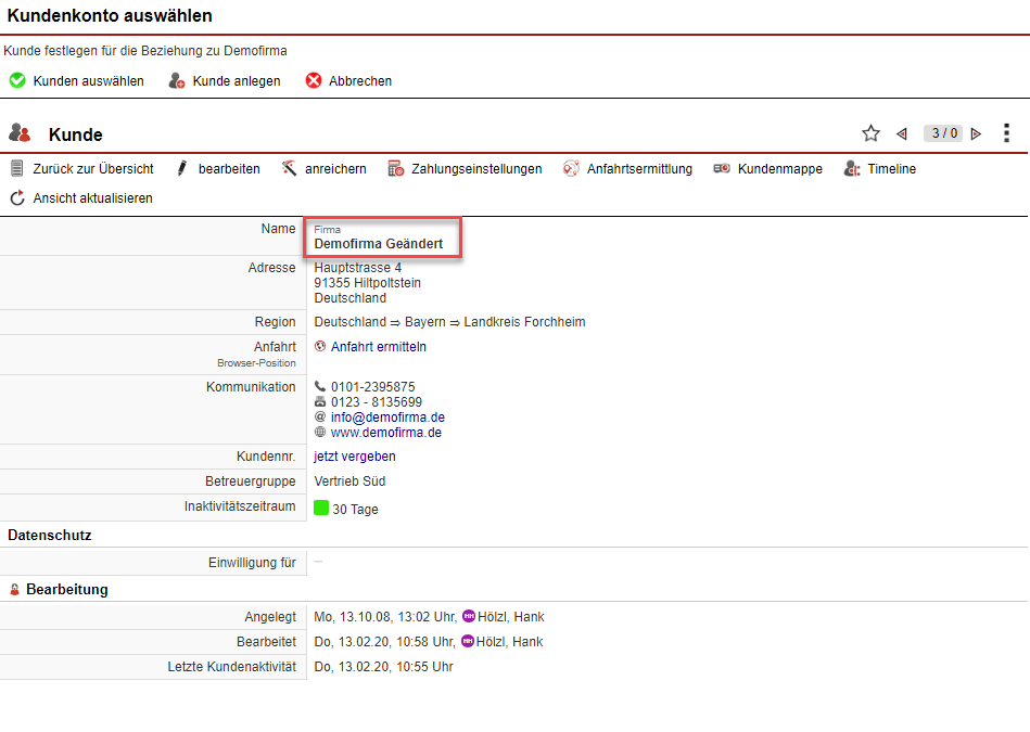Screenshot Kundendatensatz