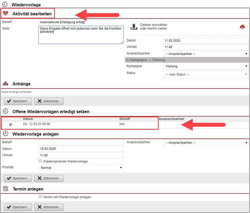 Screenshot Wiedervorlagen-Maske in der ameax Unternehmenssoftware