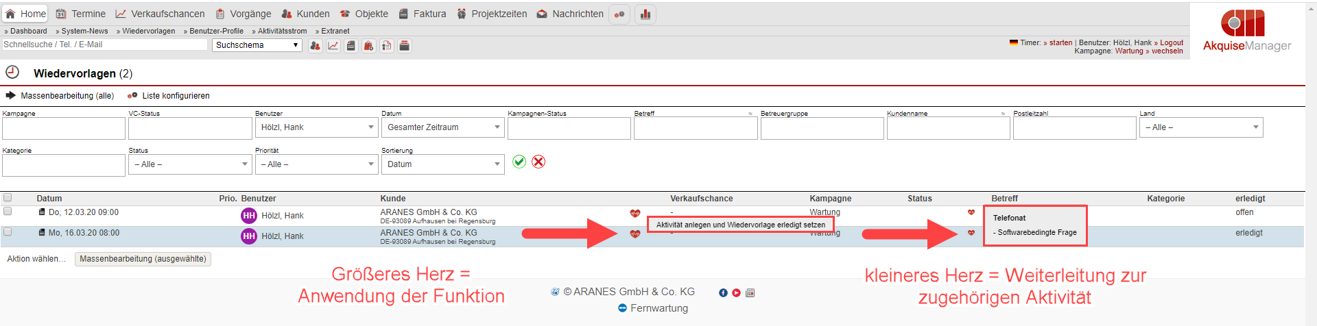 Screenshot Wiedervorlagen-Maske der ameax Unternehmenssoftware