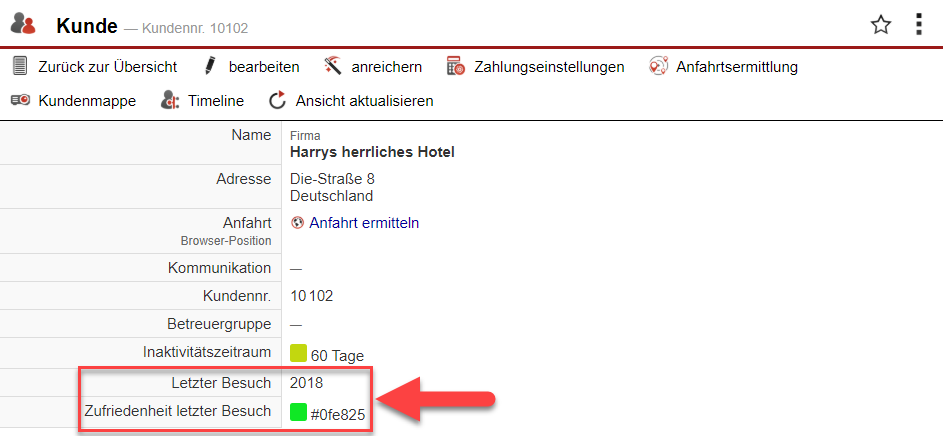 Screenshot Stammdatenansicht mit zwei markierten Zusatzfeldern