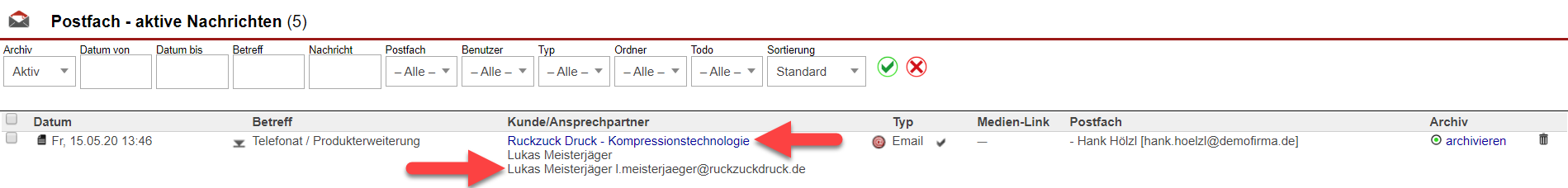 Screenshot einer einem Kundendatensatz zugeordneten eingegangenen E-Mail im Hauptpostfach