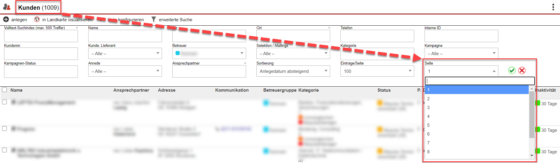 Screenshot Kundensuchmaske mit verschiedenen Markierungen