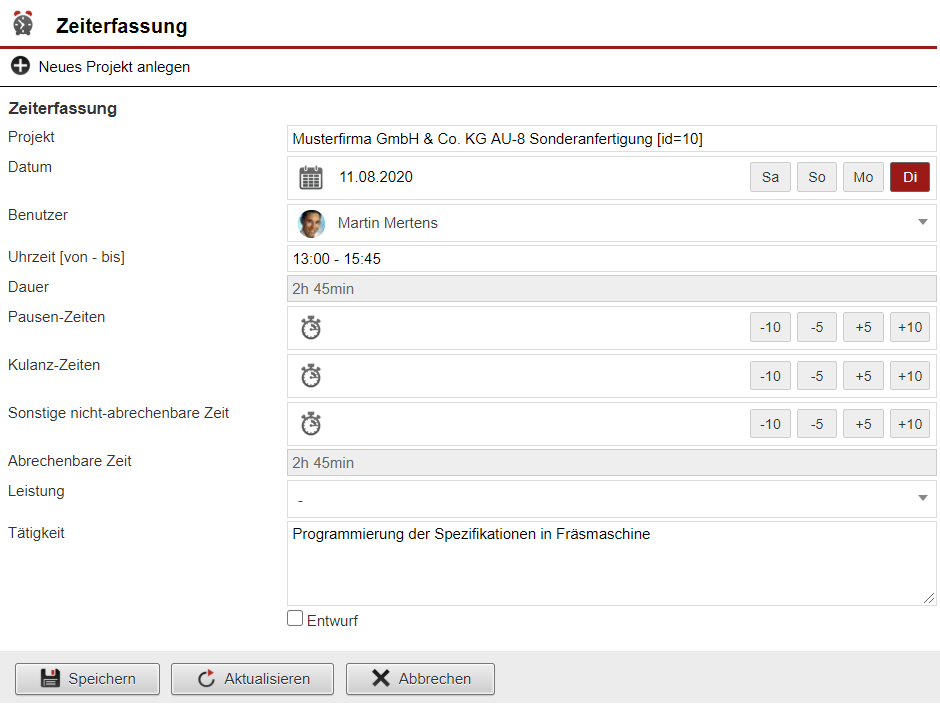 Screenshot der Maske zum Buchen von Projektarbeitszeiten