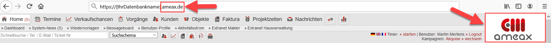 Screenshot Browser-Darstellung der ameax Unternehmenssoftware mit Markierungen der Domain in der URL-Zeile und des ameax Produkt-Logos