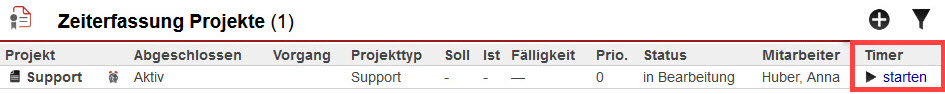 Screenshot des Bereichs "Zeiterfassung Projekt" im geöffneten Kundendatensatz mit markiertem Button zum Starten des Timers