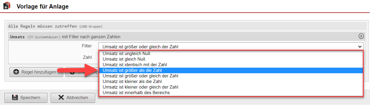 Screenshot des Drop-down-Menüs der Filtermöglichkeiten