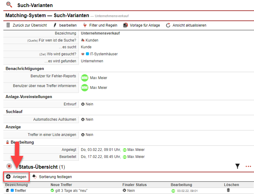 Screenshot der Übersichtsmaske einer Such-Variante mit hervorgehobener "Anlegen"-Schaltfläche